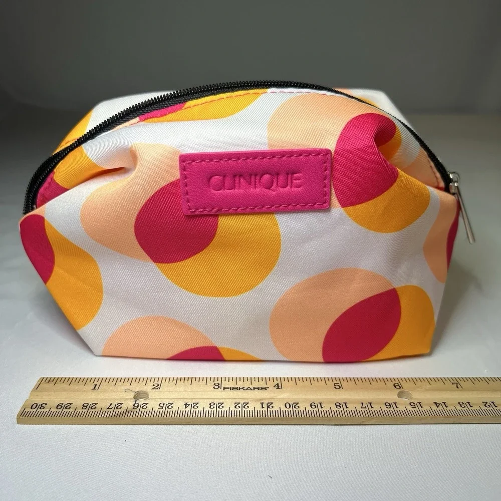 CLINIQUE White Orange Pink Polka Dots Makeup Cosmetic Pouch‎ Case Bag New